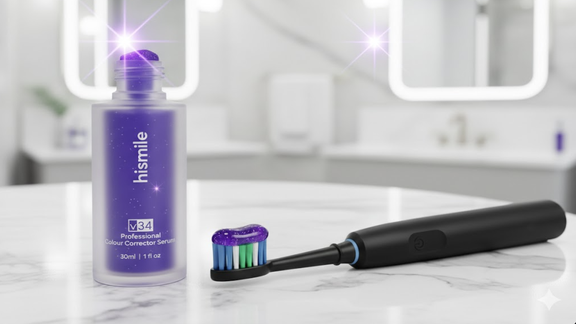 Une brosse a dent noire et dentifrice Hismile blanchissant violet