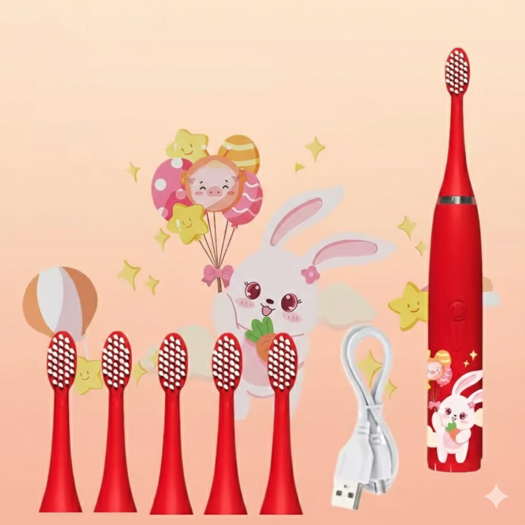 Brosse à dents électrique rouge pour enfant avec un assortiment d'embouts