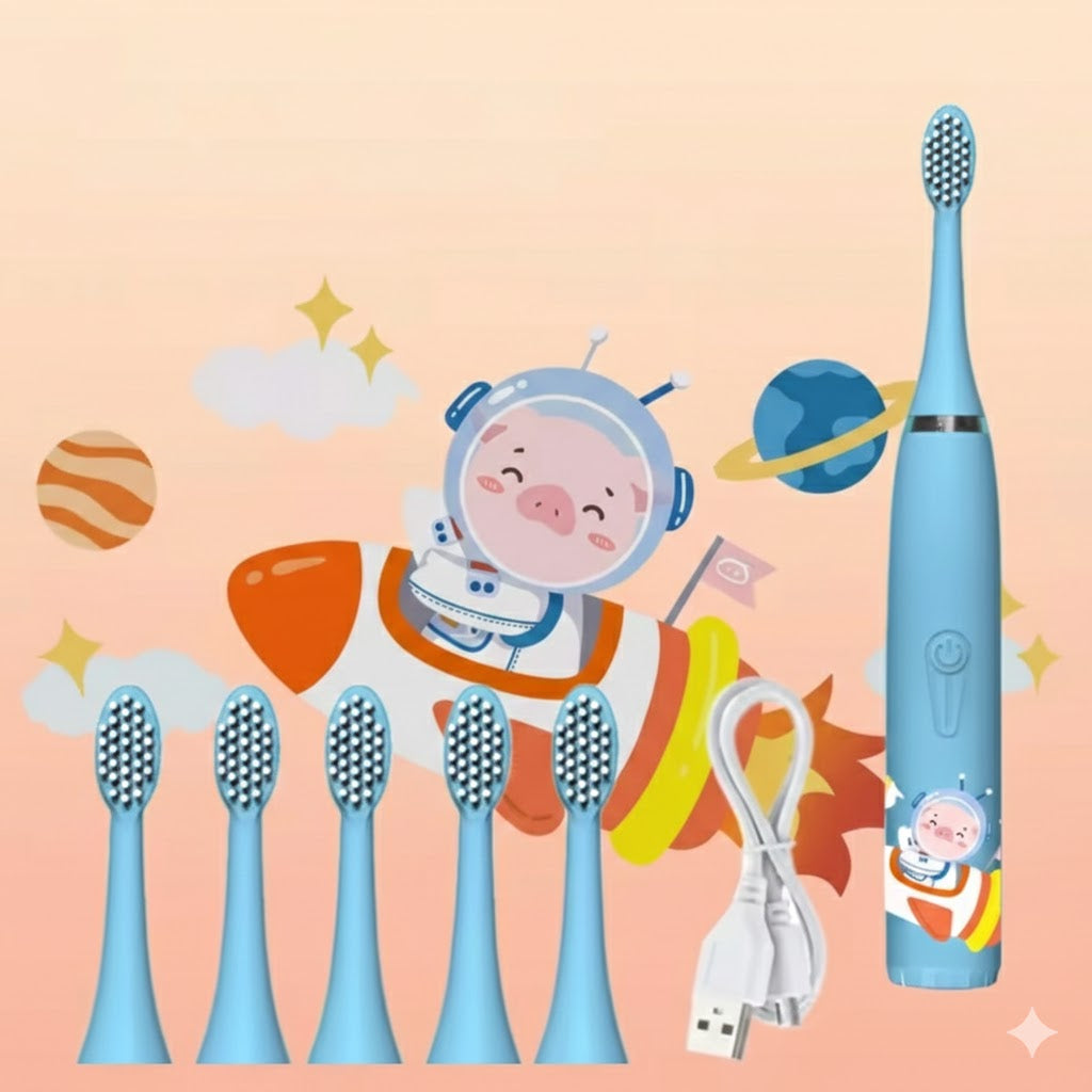 Brosse à dents électrique bleu pour enfant avec un assortiment d'embouts