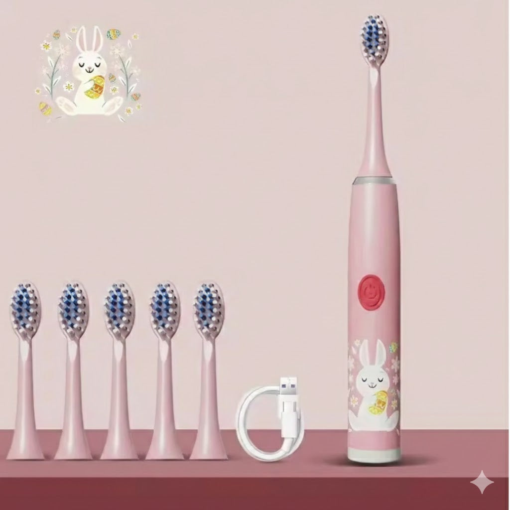 Brosse à dents électrique rose pour enfant avec un assortiment d'embouts