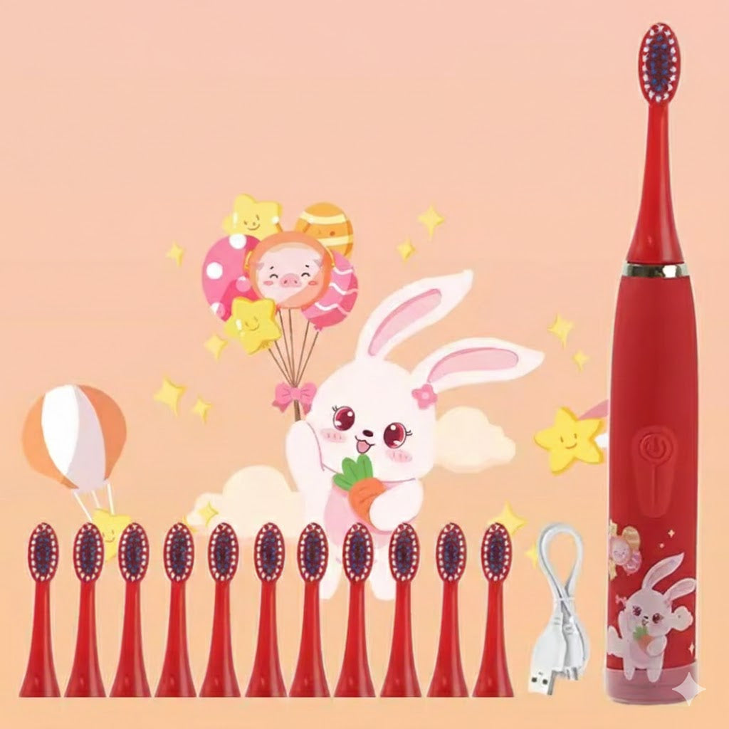 Brosse à dents électrique rouge pour enfant avec un assortiment d'embouts