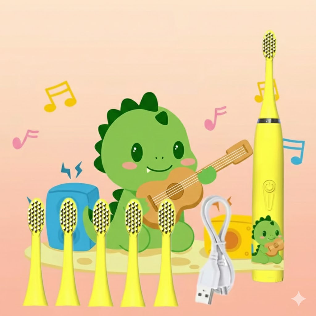 Brosse à dents électrique jaune pour enfant avec un assortiment d'embouts