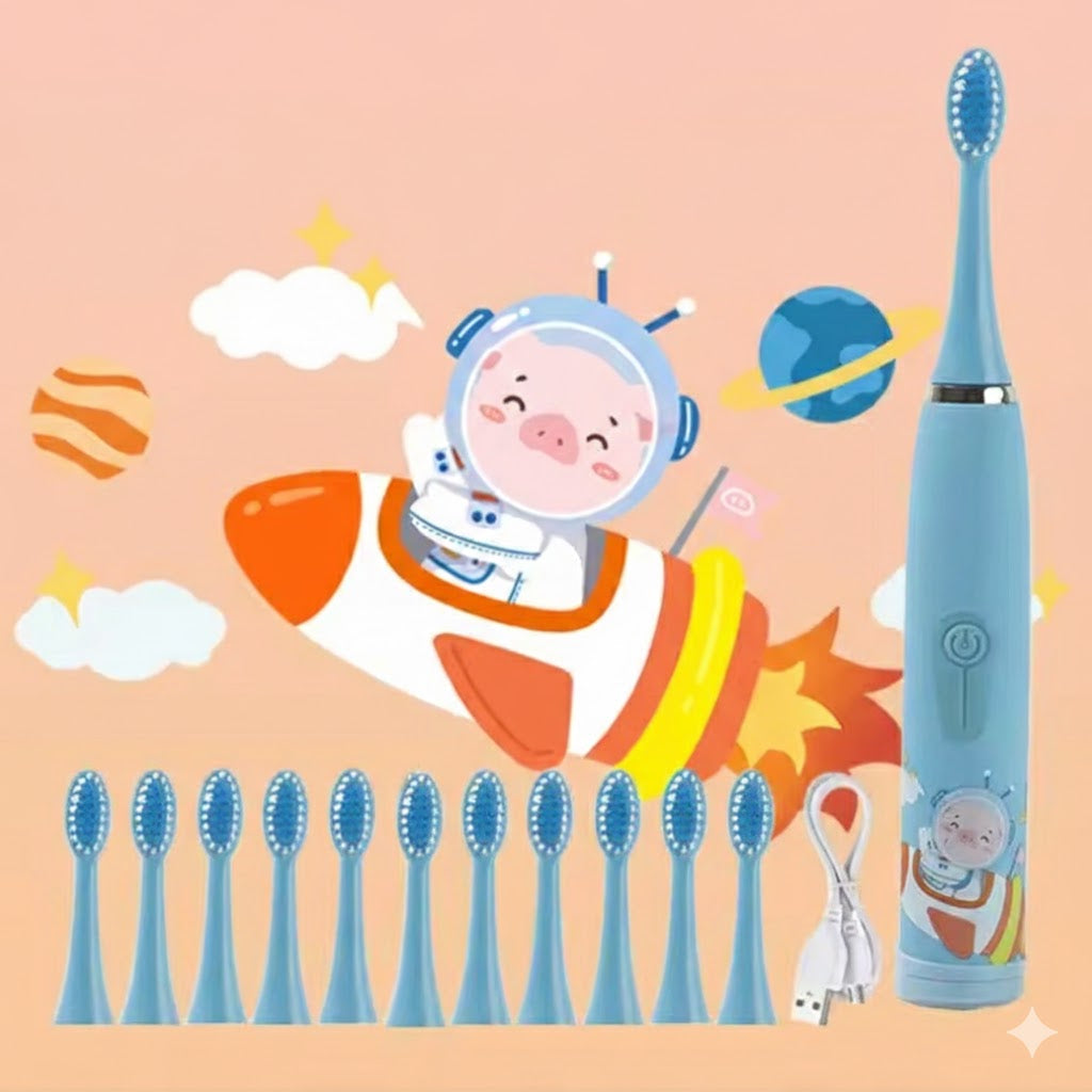 Brosse à dents électrique bleu pour enfant avec un assortiment d'embouts